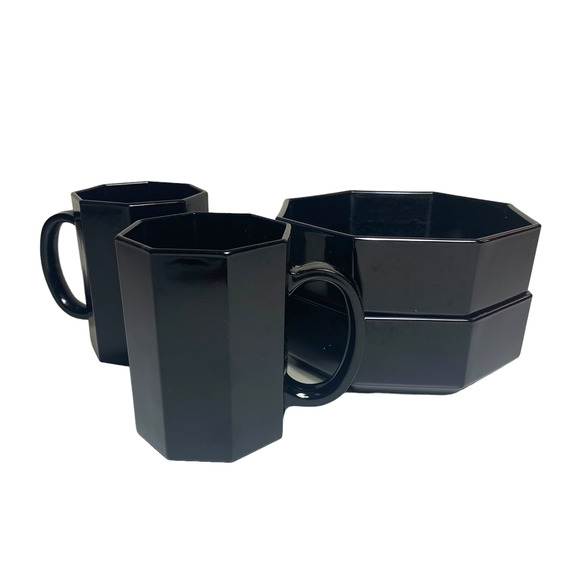 4 pc Set MCM Deco Arcoroc France Black Glass Octagon Mugs Bowls Arcopal Octime - Picture 1 of 14